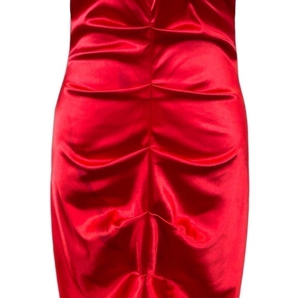 Blondie Nites Red Satin Ruched Rosette Rhinestone Juniors Dress Size-5 NWT - Picture 4 of 12